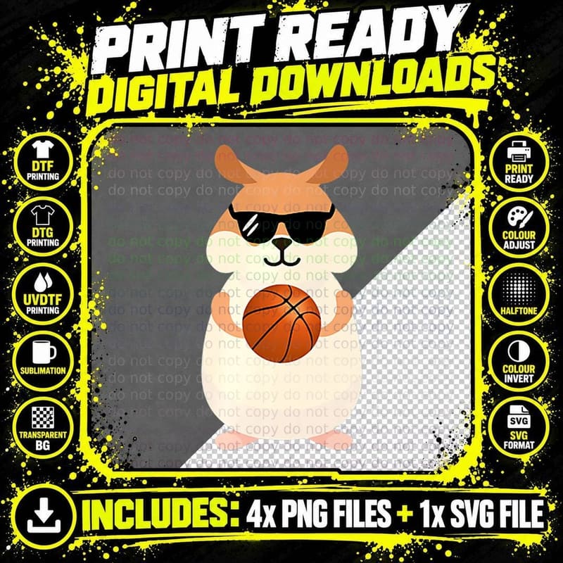 Funny Hamster Wearing Sunglasses Playing Basketball Png SVG Digital Bundle