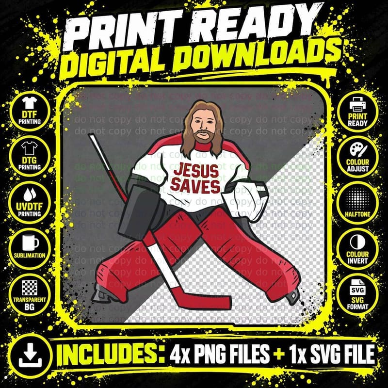 Funny Hockey Jesus Saves Hockey Goalie Pullover Hoodie Png SVG Digital Bundle