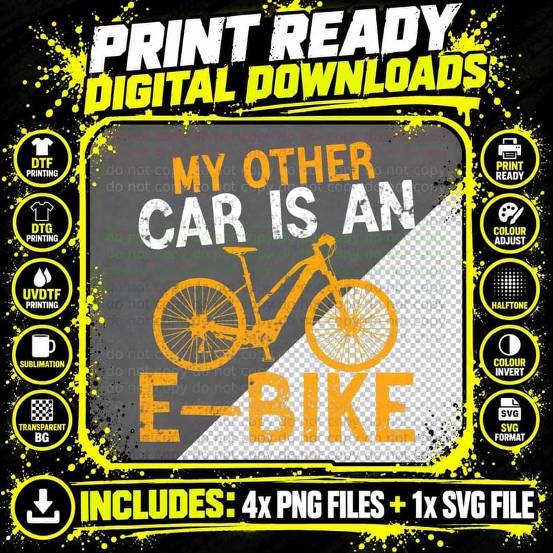 Funny Retro My Other Car Is an E-Bike Cycling Ebike Png SVG Digital Bundle