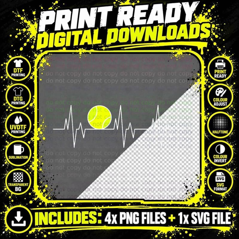 Funny Tennis Heartbeat for Players & Coaches Men Women Png SVG Digital Bundle