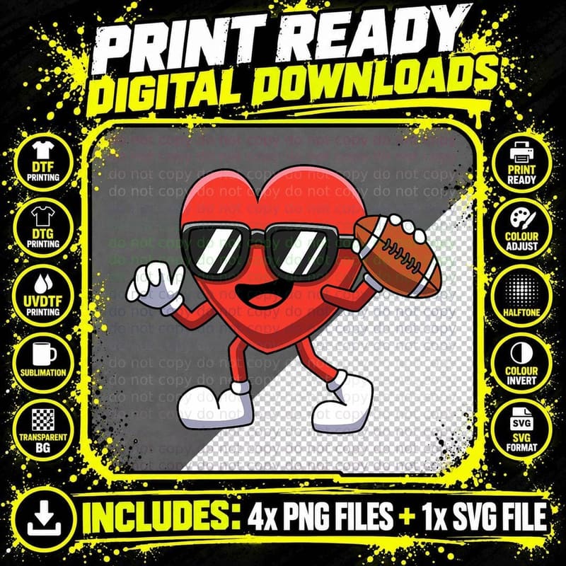 Funny Valentines Day Heart Playing Football Boys Girls Png SVG Digital Bundle