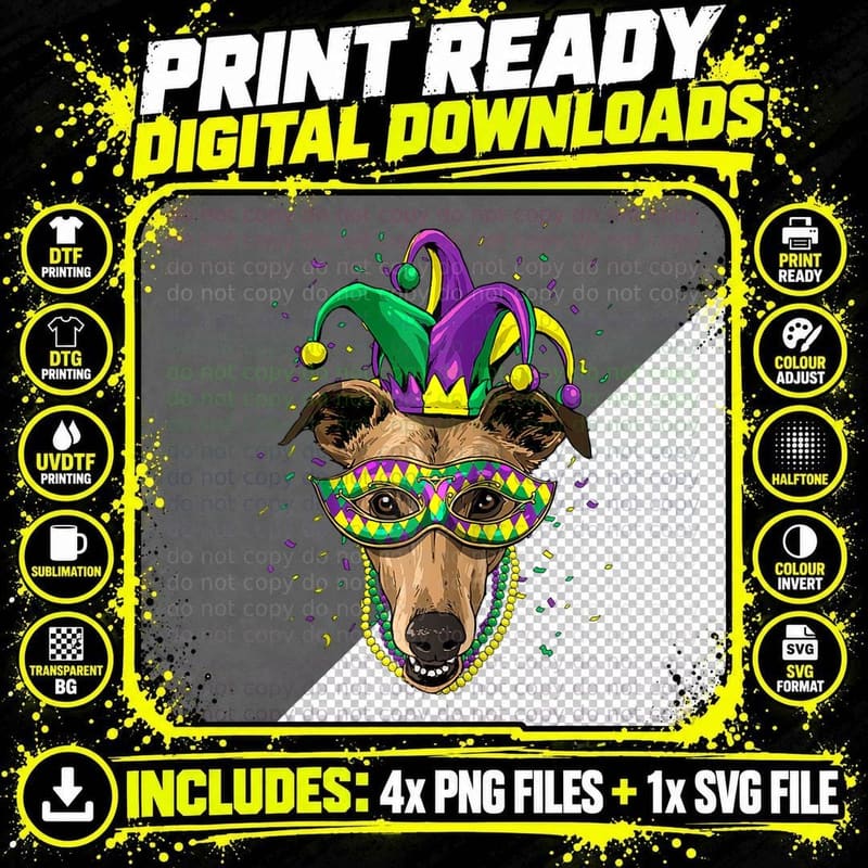 Greyhound Dog Lover Cute Mardi Gras Carnival Jester Png SVG Digital Bundle