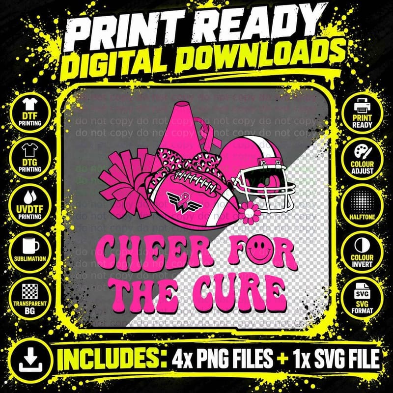 Groovy Cheer for the Cure Football Breast Cancer Support Png SVG Digital Bundle