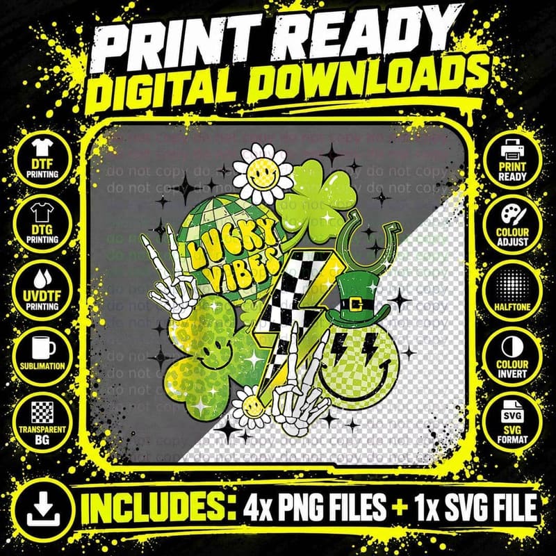 Groovy St Patricks Day Lucky Vibes Disco Shamrock Smile Png SVG Digital Bundle