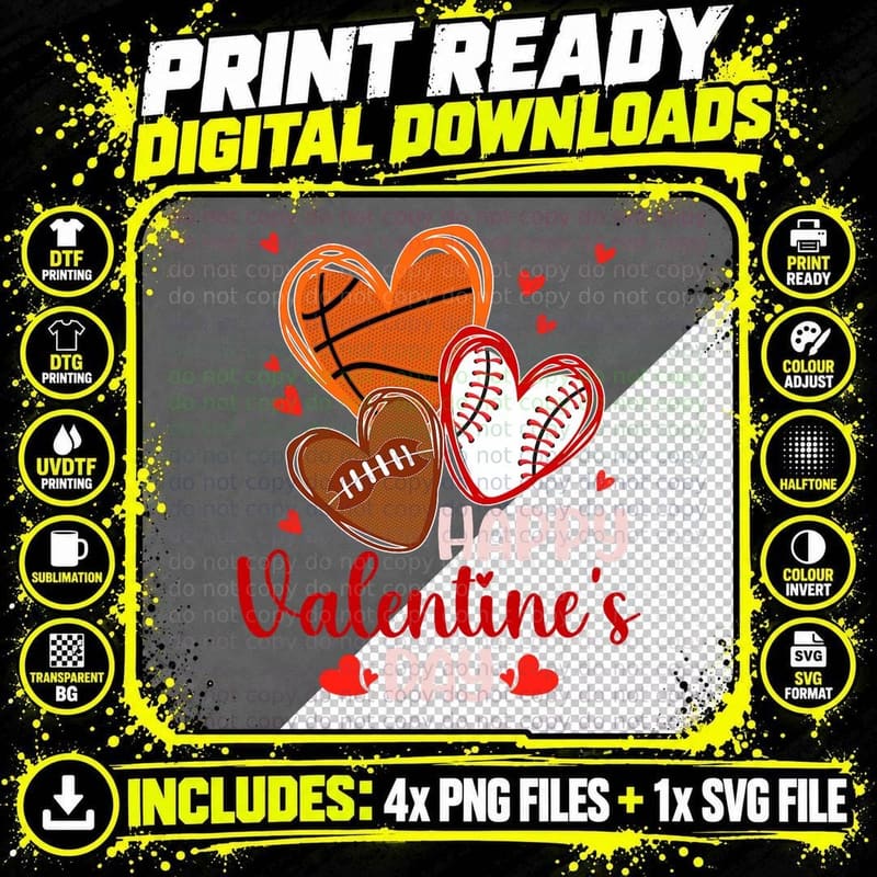 Happy Valentines Day Basketball Baseball Football Boys Png SVG Digital Bundle