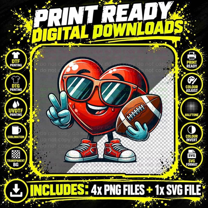 Heart American Football Valentines Day Boys Men Kids Png SVG Digital Bundle