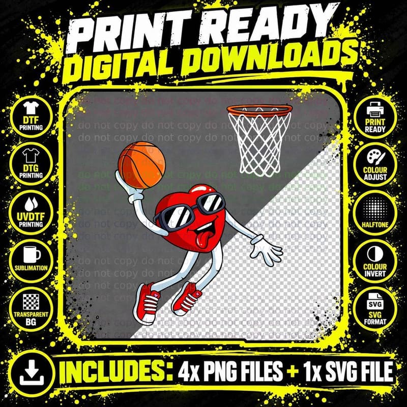 Heart Dunk Basketball Player Valentines Day Love Sports Png SVG Digital Bundle