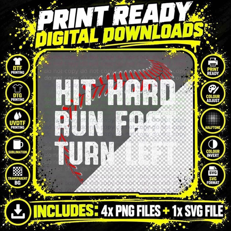Hit Hard Run Fast Turn Left Funny Baseball Player Sport Png SVG Digital Bundle