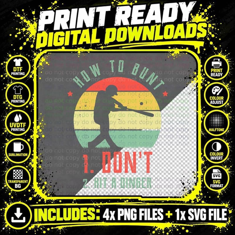 How to Bunt Don't Hit a Dinger Gifts for a Baseball Fan Png SVG Digital Bundle
