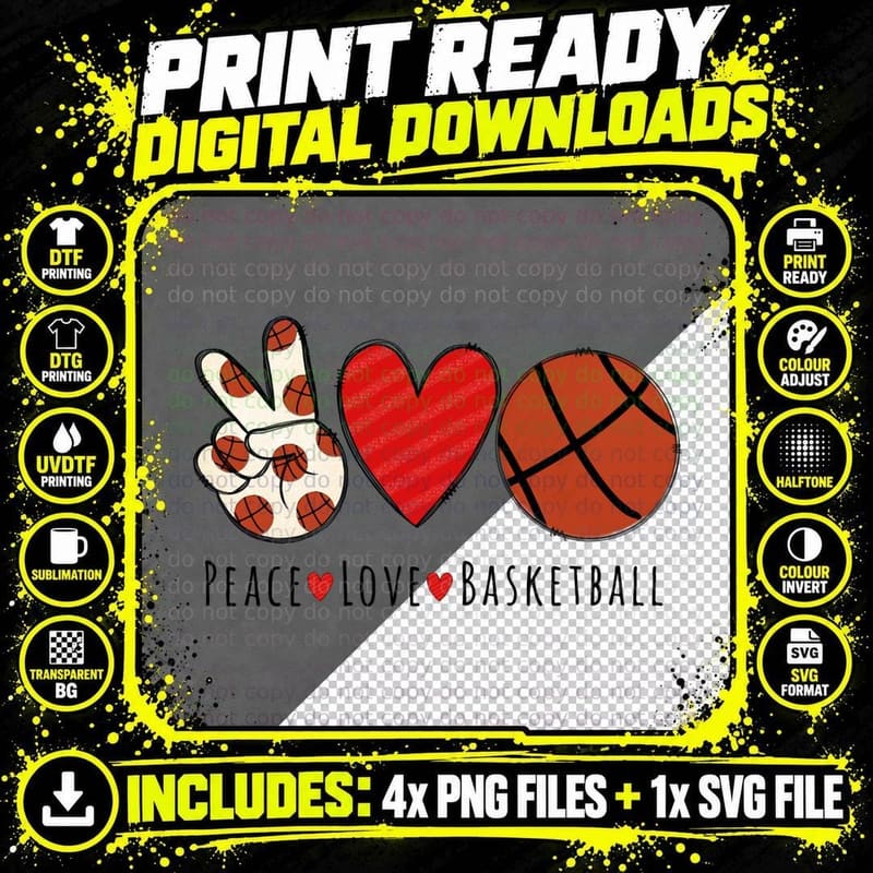 I LOVE Basketball Shirt Heart Peace Love Hippie Sports Png SVG Digital Bundle