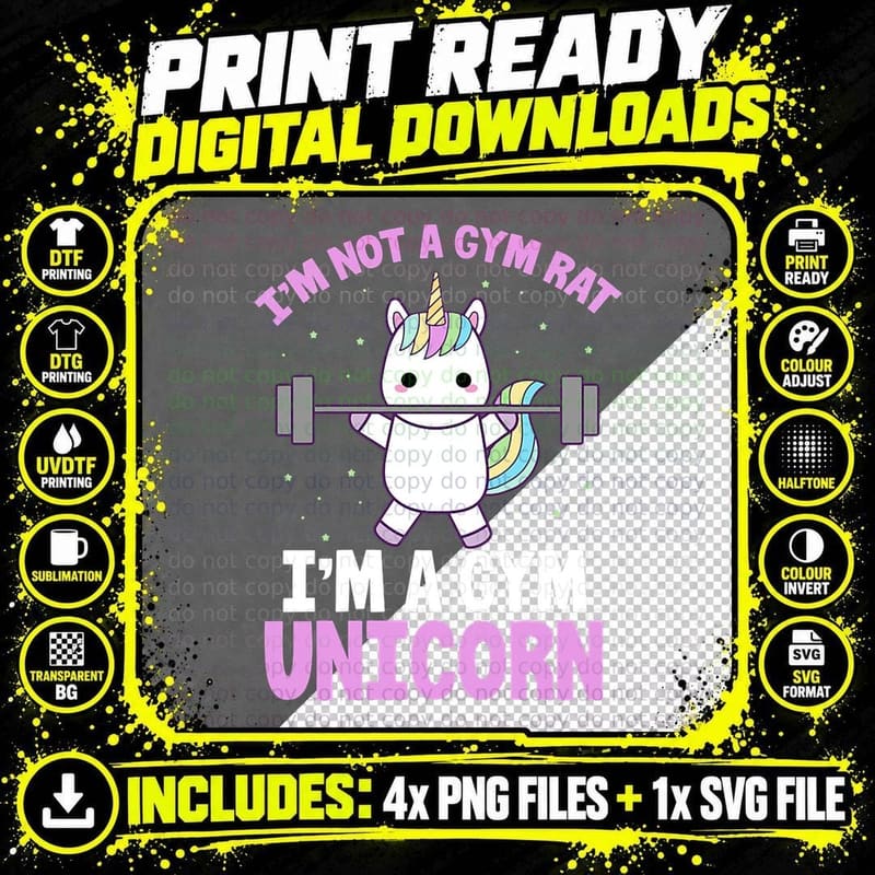 I'm Not a Gym Rat I'm a Gym Unicorn Funny Fitness Png SVG Digital Bundle