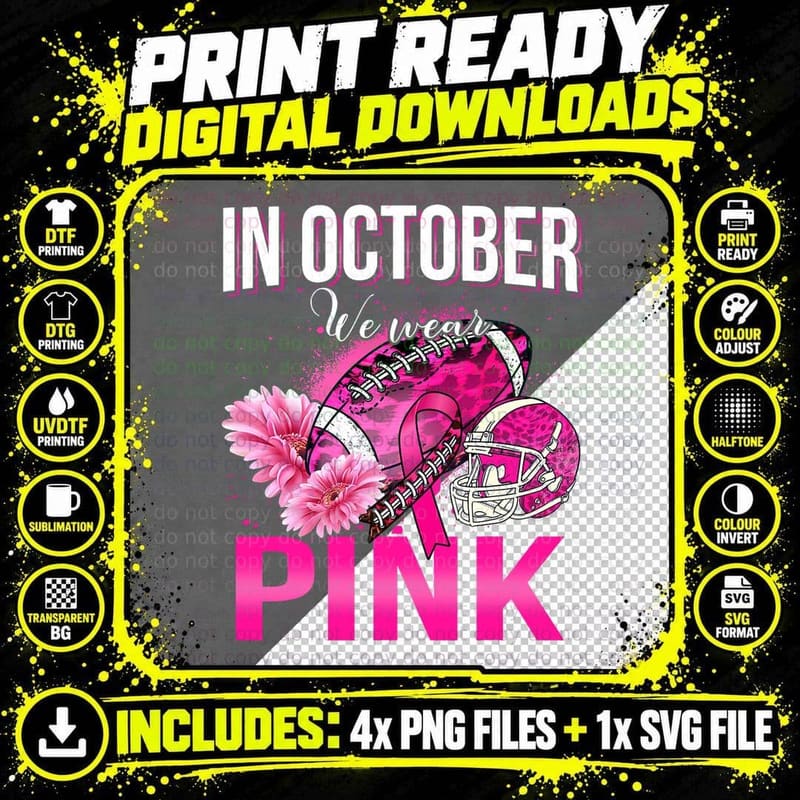 In October We Wear Pink Ribbon Leopard Football Breast Png SVG Digital Bundle