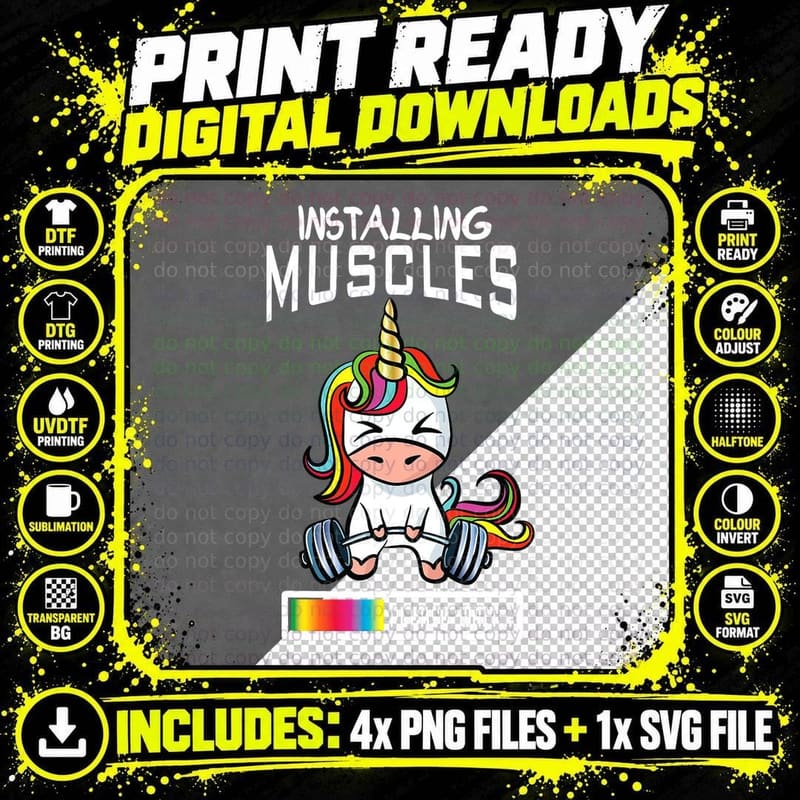 Installing Muscles Unicorn Bodybuilding Weightlifting Png SVG Digital Bundle