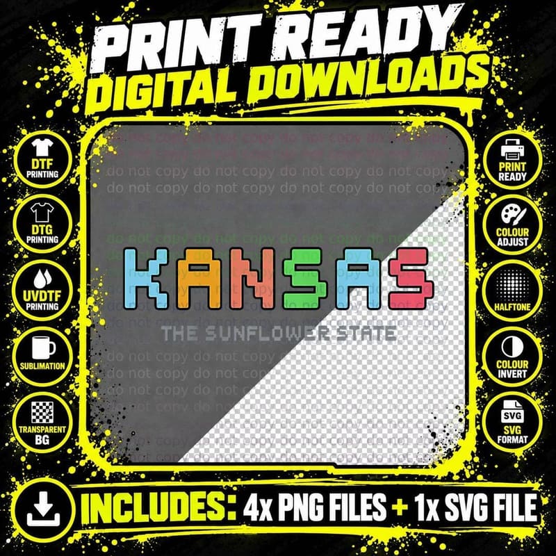 Kansas - Retro Gaming Pixelated Design - Classic Png SVG Digital Bundle