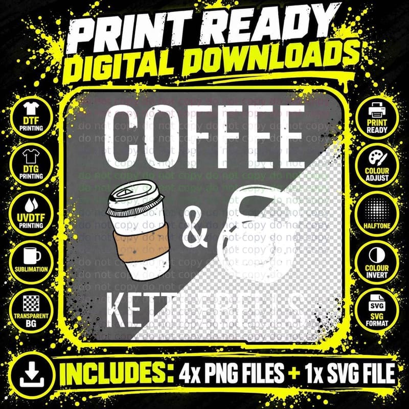Kettlebells & Coffee Funny HIIT Fitness Workout Gym Png SVG Digital Bundle