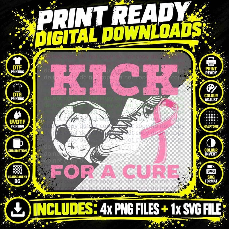 Kick for a Cure Soccer Player Breast Cancer Awareness Png SVG Digital Bundle