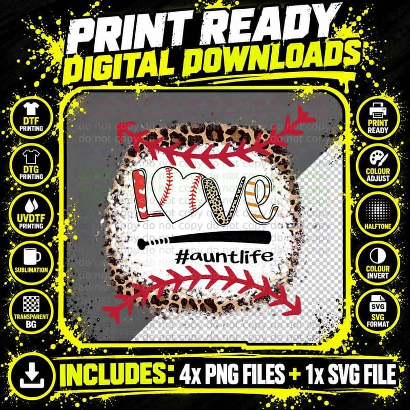Love Baseball Aunt Baseball Aunt Leopard Print Bleached Png SVG Digital Bundle