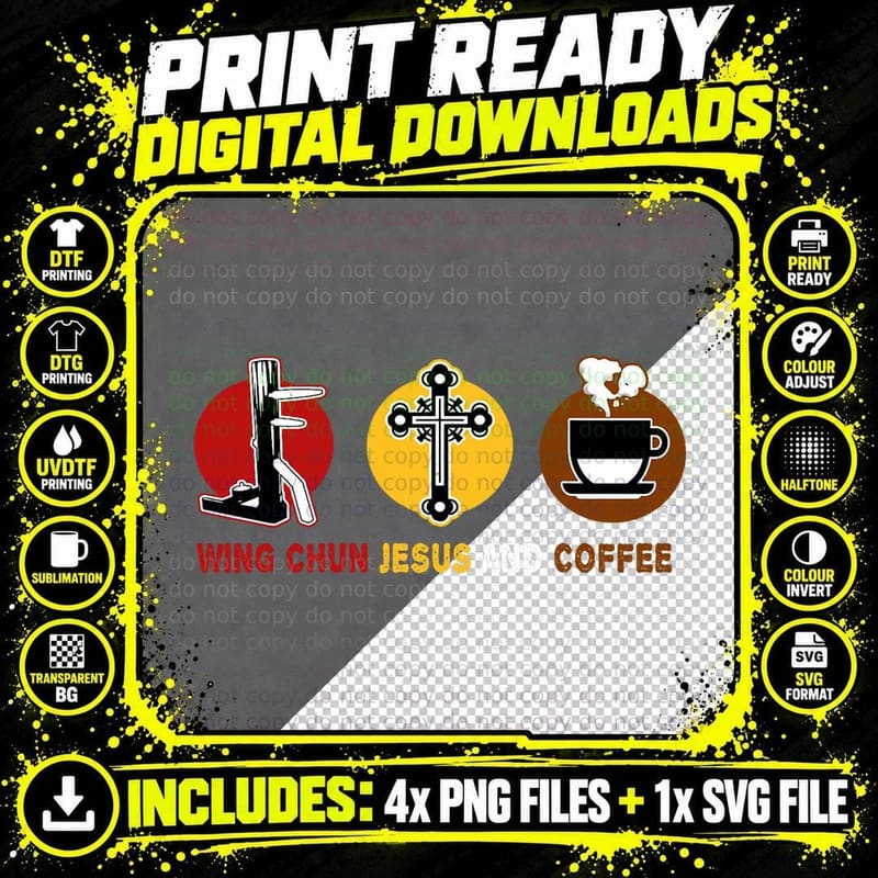 Loves Wing Chun Jesus and Coffee Mixed MMA Wooden Dummy Png SVG Digital Bundle