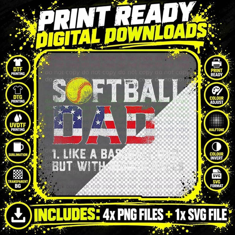 Mens Softball Dad Us Flag Loves Baseball Fars Day T-Shirt Png SVG Digital Bundle