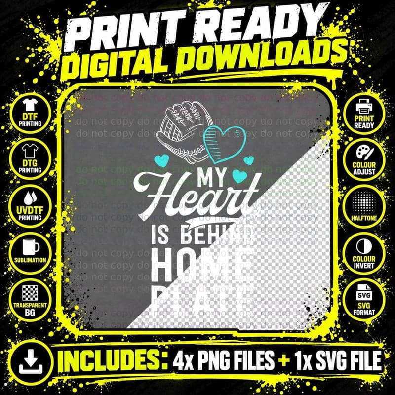Mom Baseball My Heart Is Behind Home Plate Catcher Png SVG Digital Bundle