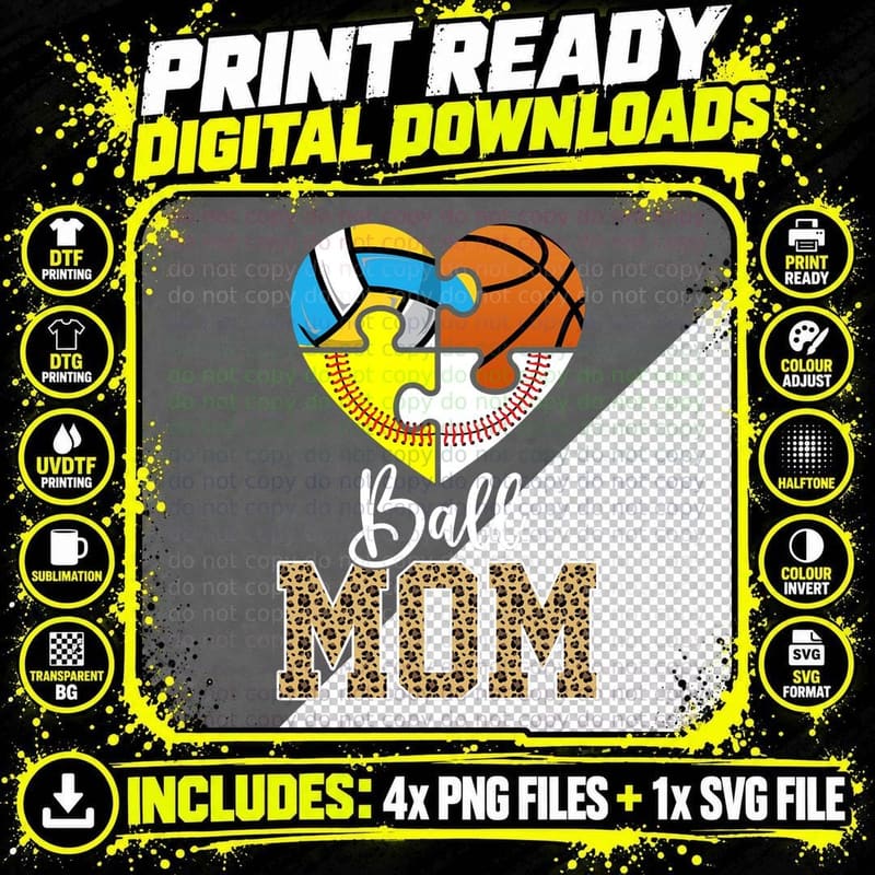 Mom Volleyball Baseball Softball Basketball Ball T-Shirt Png SVG Digital Bundle