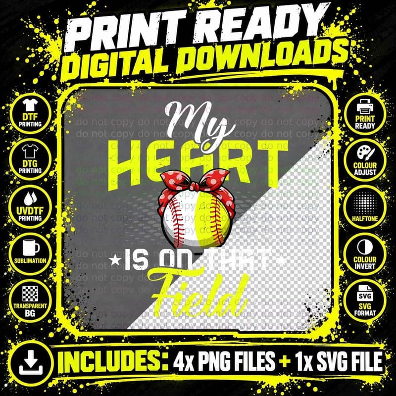 My Heart Is on That Field Baseball Softball Mom Women Png SVG Digital Bundle