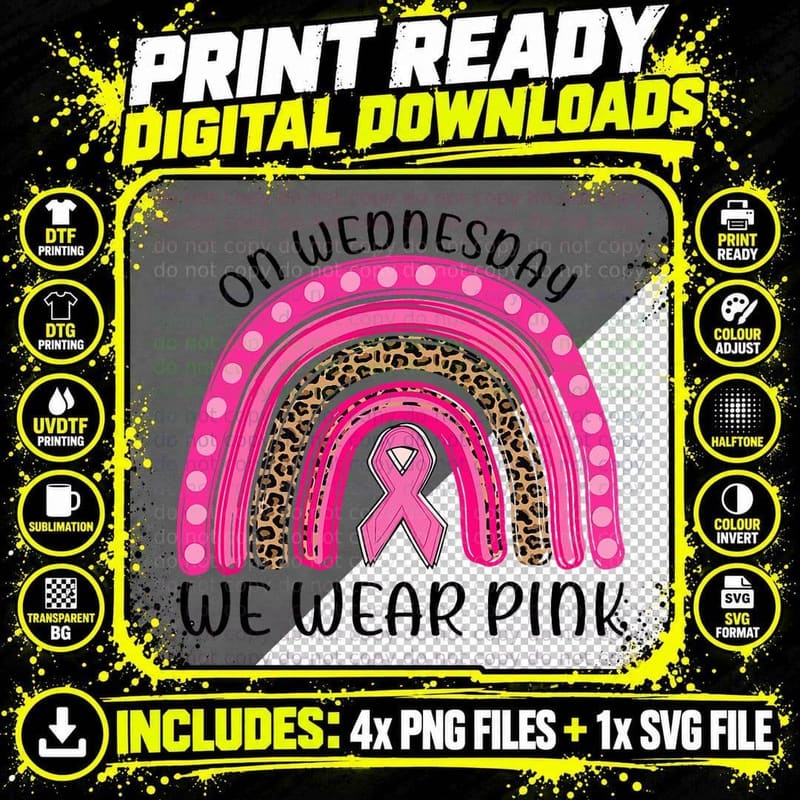 On Wednesday We Wear Pink Rainbow Breast Cancer Fighter Png SVG Digital Bundle