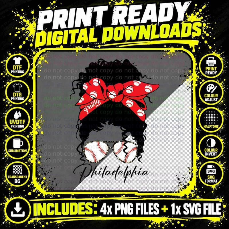 Philadelphia Cute Messy Bun Baseball Lovers Costume Png SVG Digital Bundle