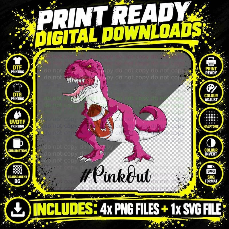 Pink Dinosaur Football Boys, Pink Out Breast Cancer Png SVG Digital Bundle
