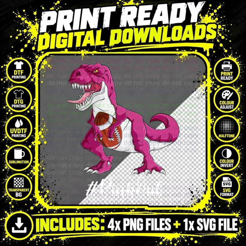Pink Dinosaur Football Shirt Boys, Breast Cancer Pink Png SVG Digital Bundle