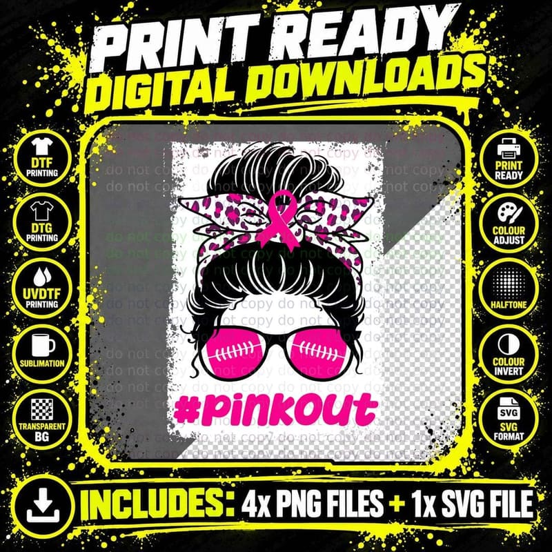 Pink Out Ou Breast Cancer Football Messy Bun Cheer Png SVG Digital Bundle