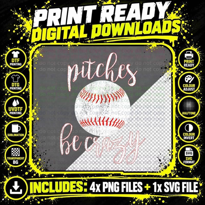 Pitches Be Crazy Gift Funny Vintage Pitcher Baseball Png SVG Digital Bundle