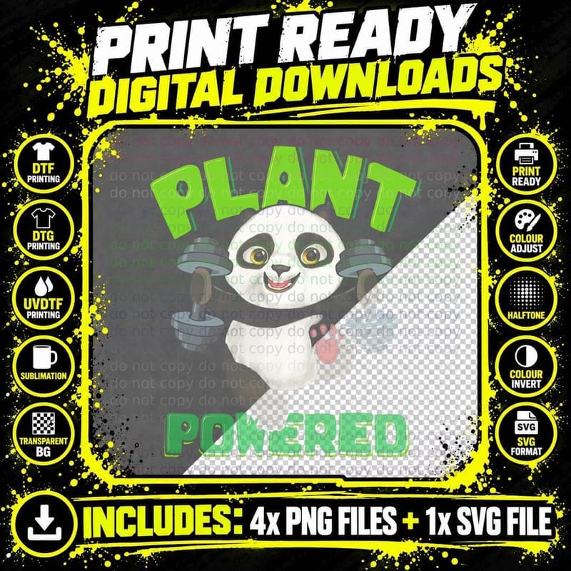 Plant Powered Vegan Gym Vegetarian Panda Bear Workout Png SVG Digital Bundle