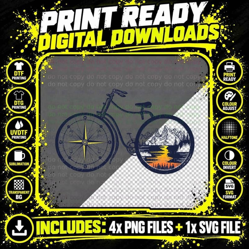 Retro Bicycle with, Compass and Mountains - Cycling Png SVG Digital Bundle