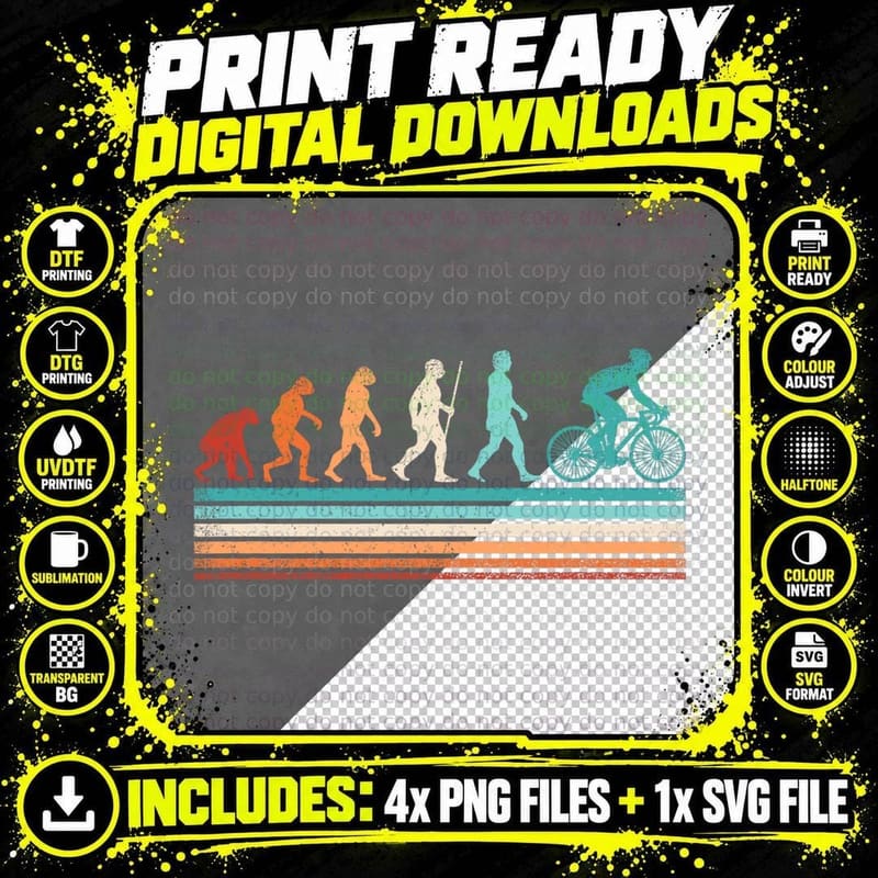 Retro Cyclist Evolution Cycling Mountain Bike Biking Png SVG Digital Bundle
