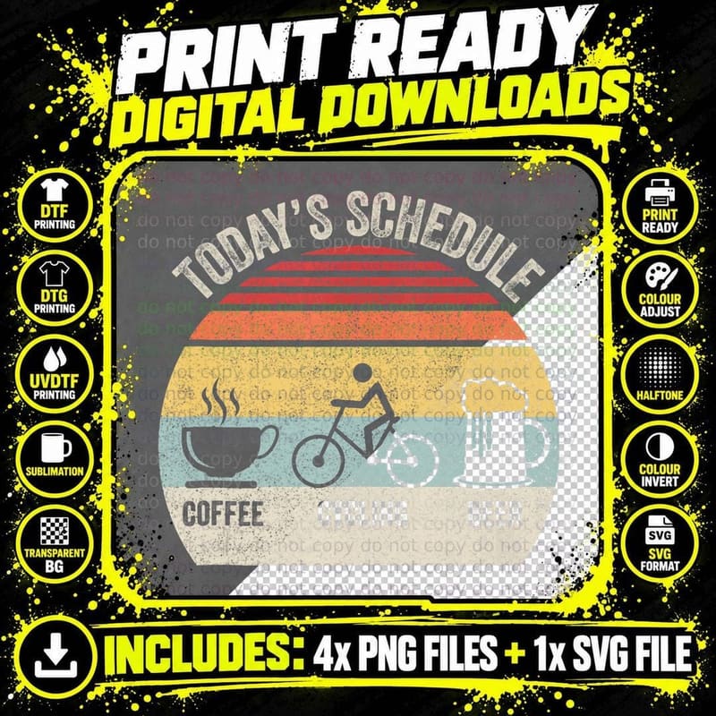 Retro Today's Schedule Coffee Cycling Beer Bike Biking Png SVG Digital Bundle