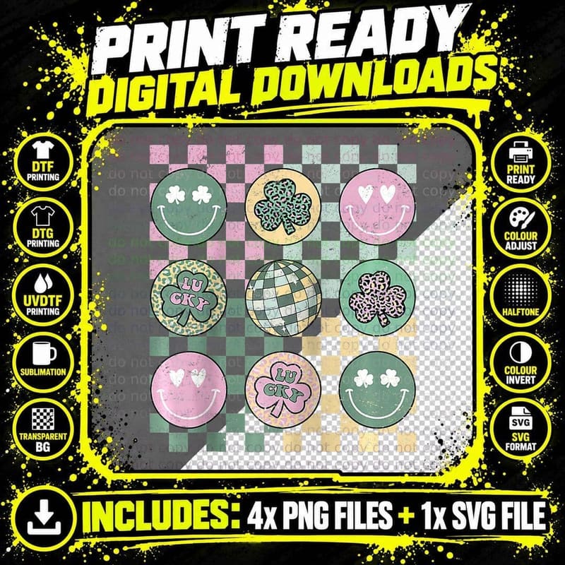 Shamrock Smile Face Modern Apparel Png SVG Digital Bundle
