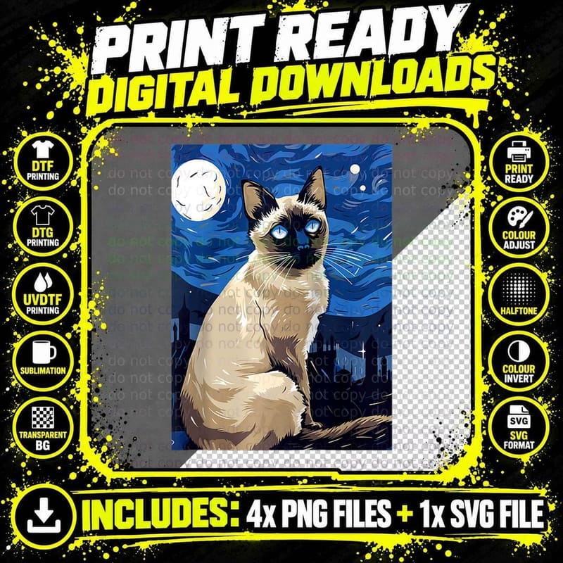 Siamese Cat Starry Night Painting Men Women Kids Png SVG Digital Bundle