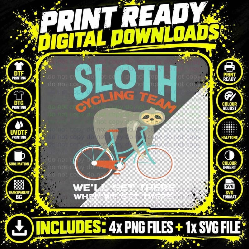 Sloth Cycling Team Lazy Sloth Bike Biker Funny Bicycle Png SVG Digital Bundle