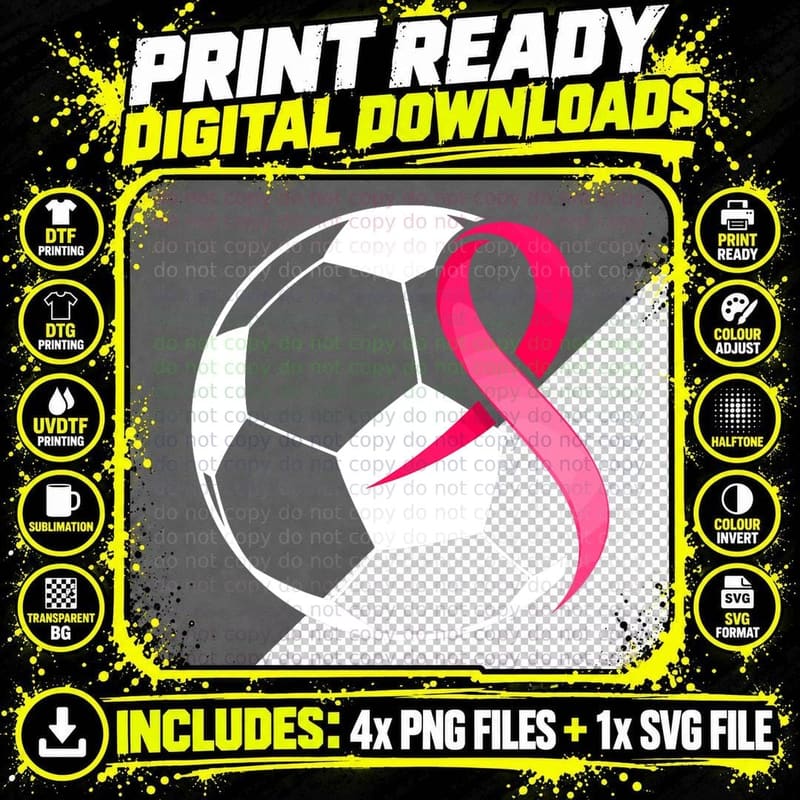 Soccer Pink-Ribbon-Heart-Cool Breast Cancer Awareness Png SVG Digital Bundle