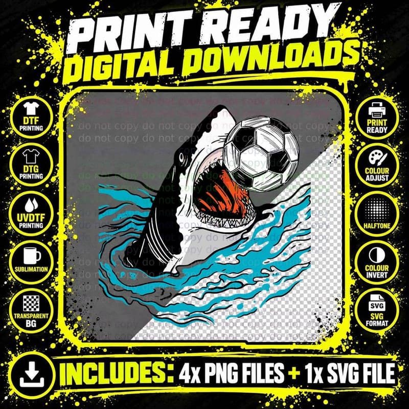 Soccer Shark Playing Ball Cool Animal Sports Lovers Png SVG Digital Bundle