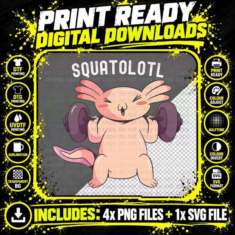 Squatolotl Funny Axolotl Fish Gym Workouts Mens Kids Png SVG Digital Bundle