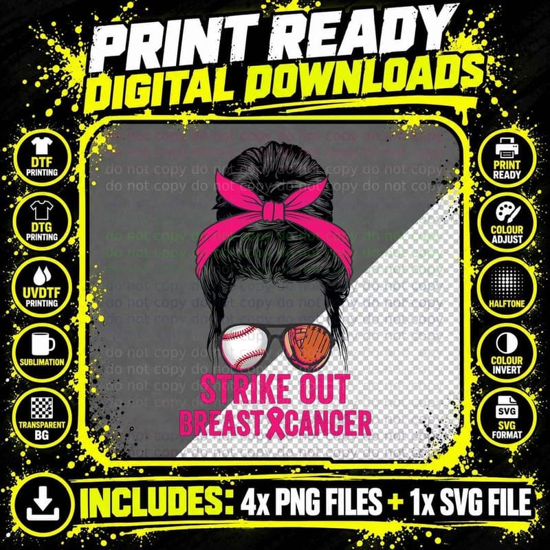 Strike Out Breast Cancer Awareness Messy Bun Baseball Png SVG Digital Bundle