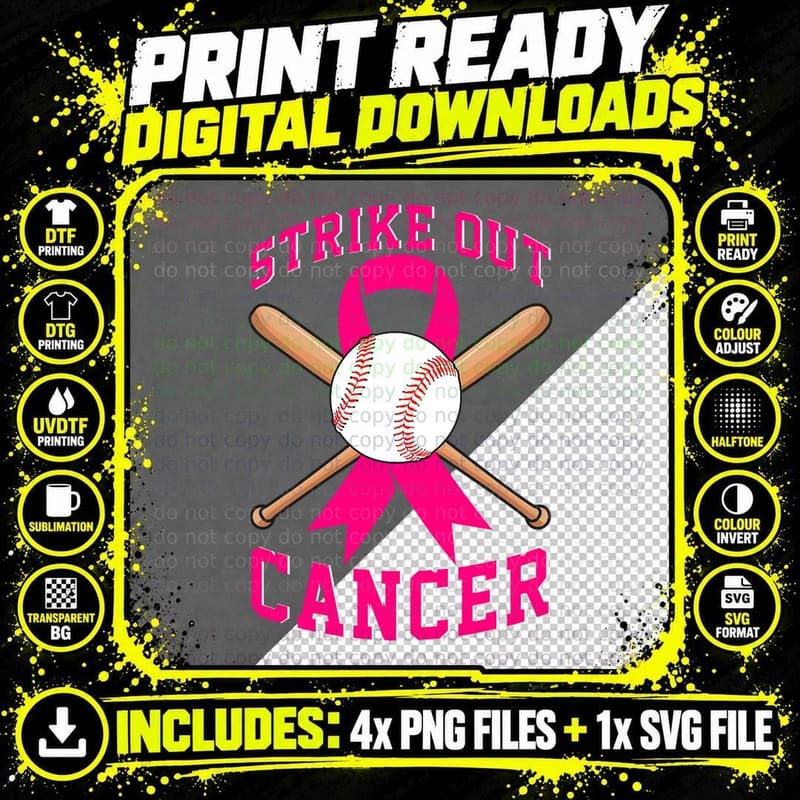 Strike Out Breast Cancer Baseball Fight Awareness T-Shirt Png SVG Digital Bundle