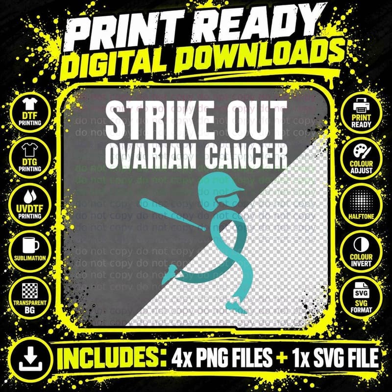 Strike Out Ovarian Cancer Teal Ribbon Baseball Awareness Png SVG Digital Bundle