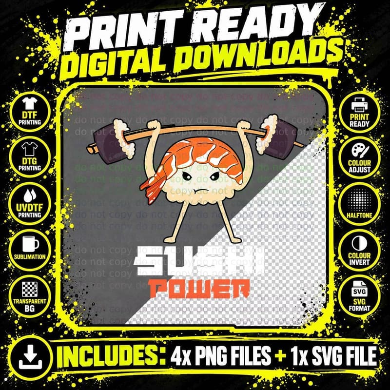 Sushi Power Funny Gym Vegetarian Muscle Powerlifting Png SVG Digital Bundle