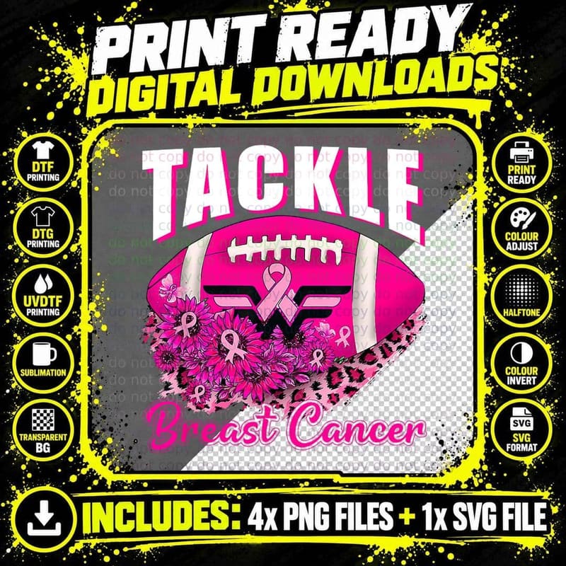 Tackle Football Pink Ribbon Breast Cancer Awareness Boys Png SVG Digital Bundle