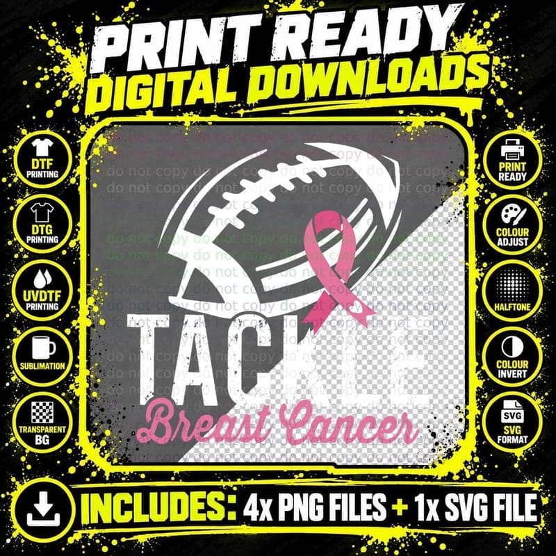 Tackle Football Pink Ribbon Breast Cancer Awareness Png SVG Digital Bundle