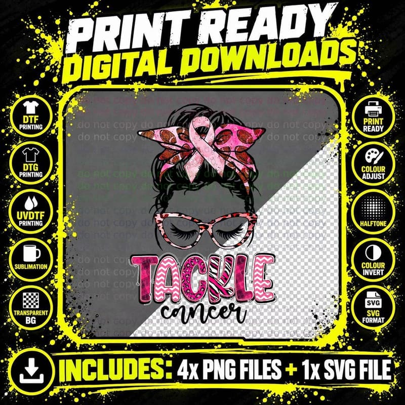 Tackle Football Pink Ribbon Messy Bun Breast Cancer Png SVG Digital Bundle