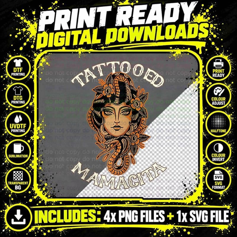 Tattooed Mamacita, Traditional Lady Tattoo Art T-Shirt Png SVG Digital Bundle